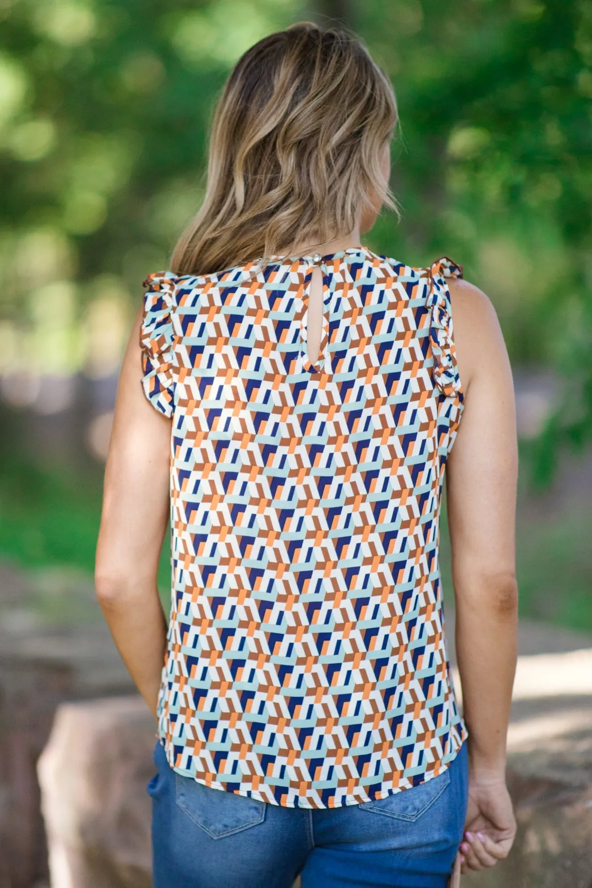 Brown Multicolor Geometric Ruffle Trim Top