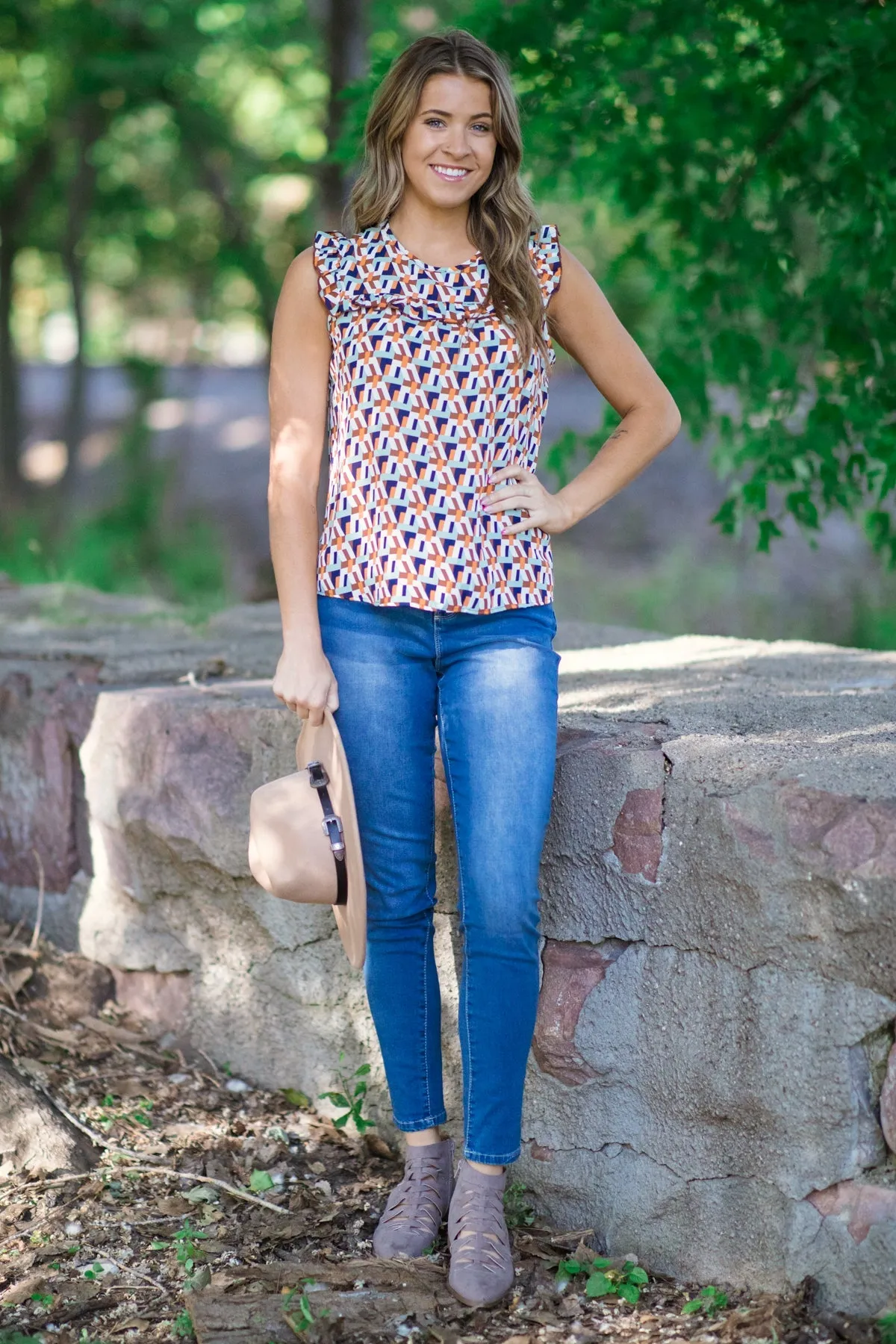Brown Multicolor Geometric Ruffle Trim Top