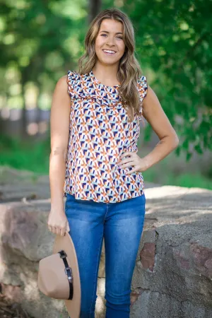 Brown Multicolor Geometric Ruffle Trim Top