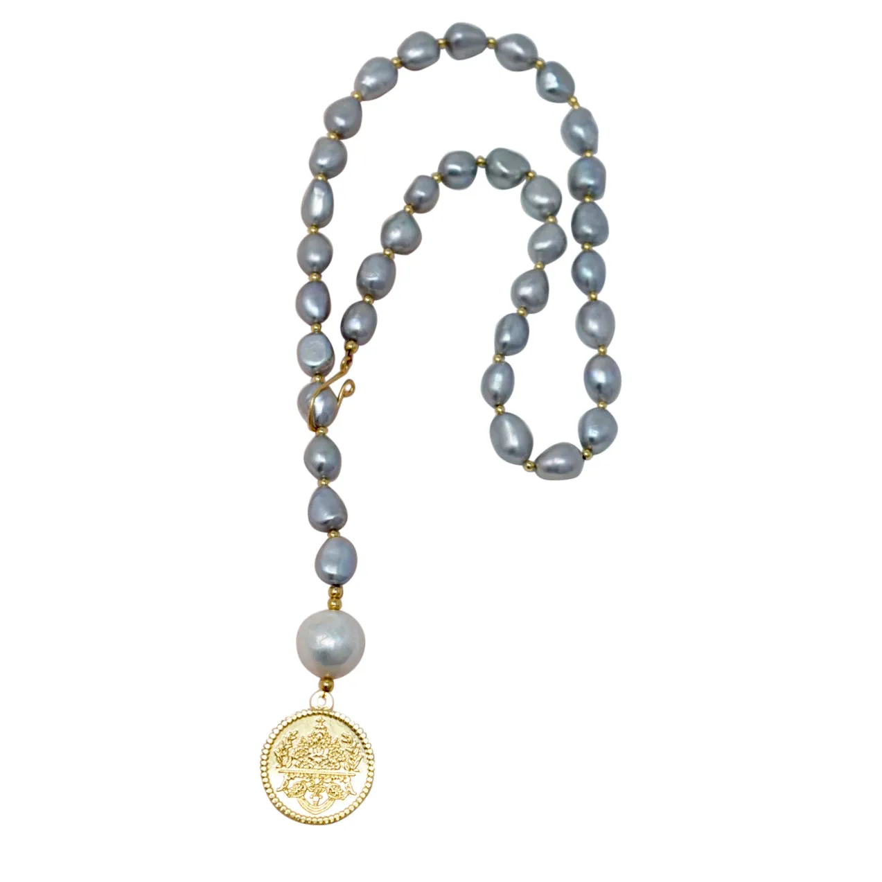 By Grace Necklace - Baroque Pearl Lariat with Gold Coin Pendant