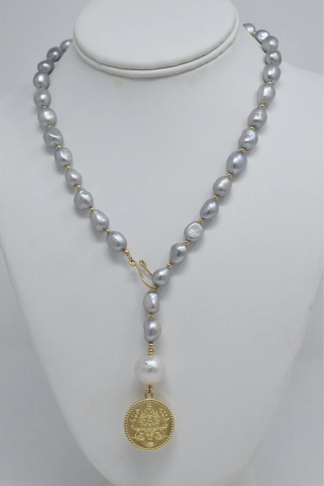 By Grace Necklace - Baroque Pearl Lariat with Gold Coin Pendant