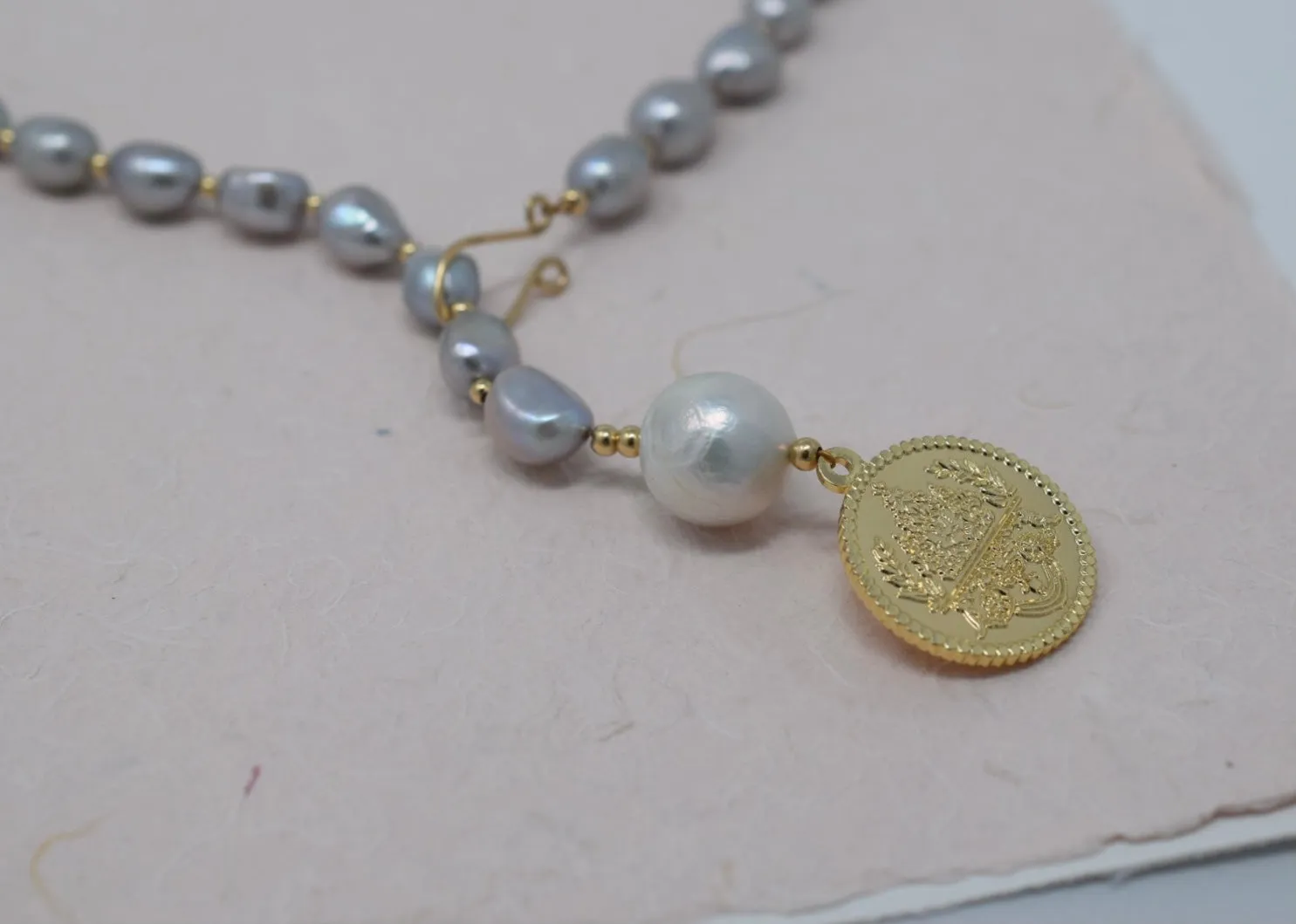 By Grace Necklace - Baroque Pearl Lariat with Gold Coin Pendant