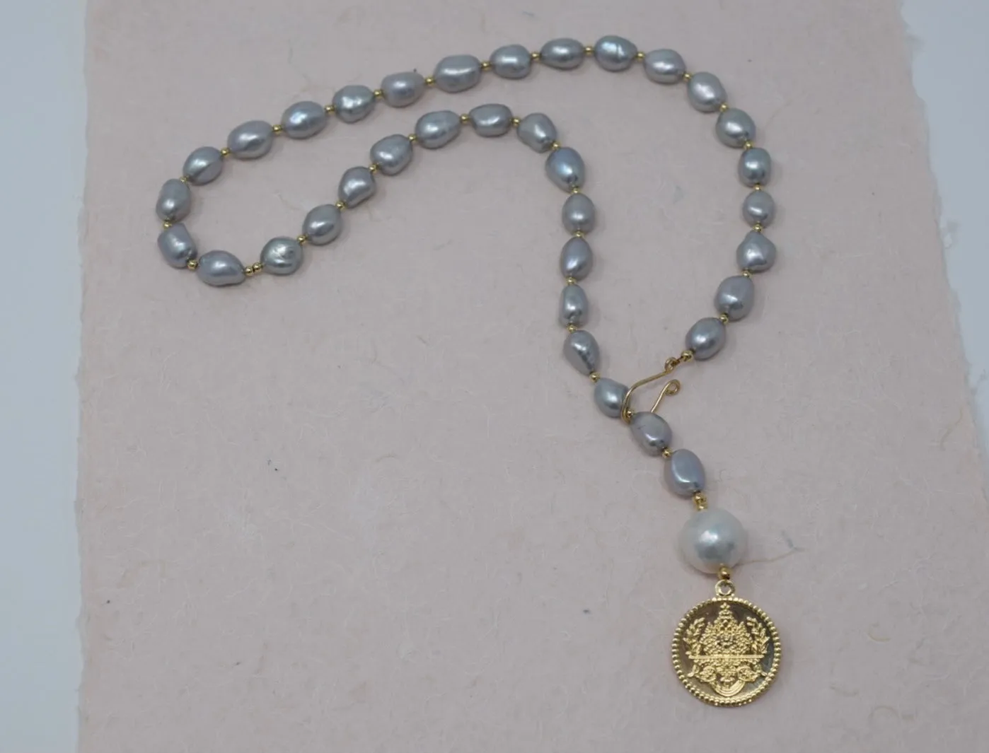 By Grace Necklace - Baroque Pearl Lariat with Gold Coin Pendant