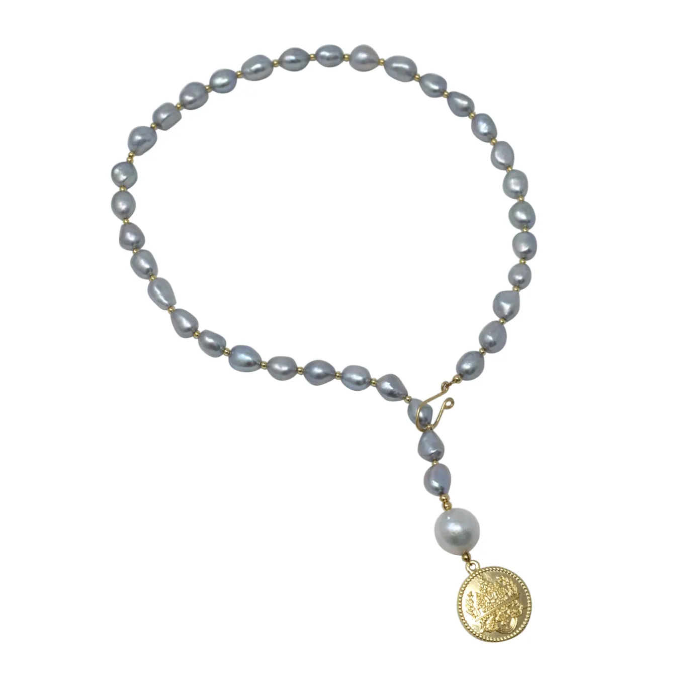 By Grace Necklace - Baroque Pearl Lariat with Gold Coin Pendant