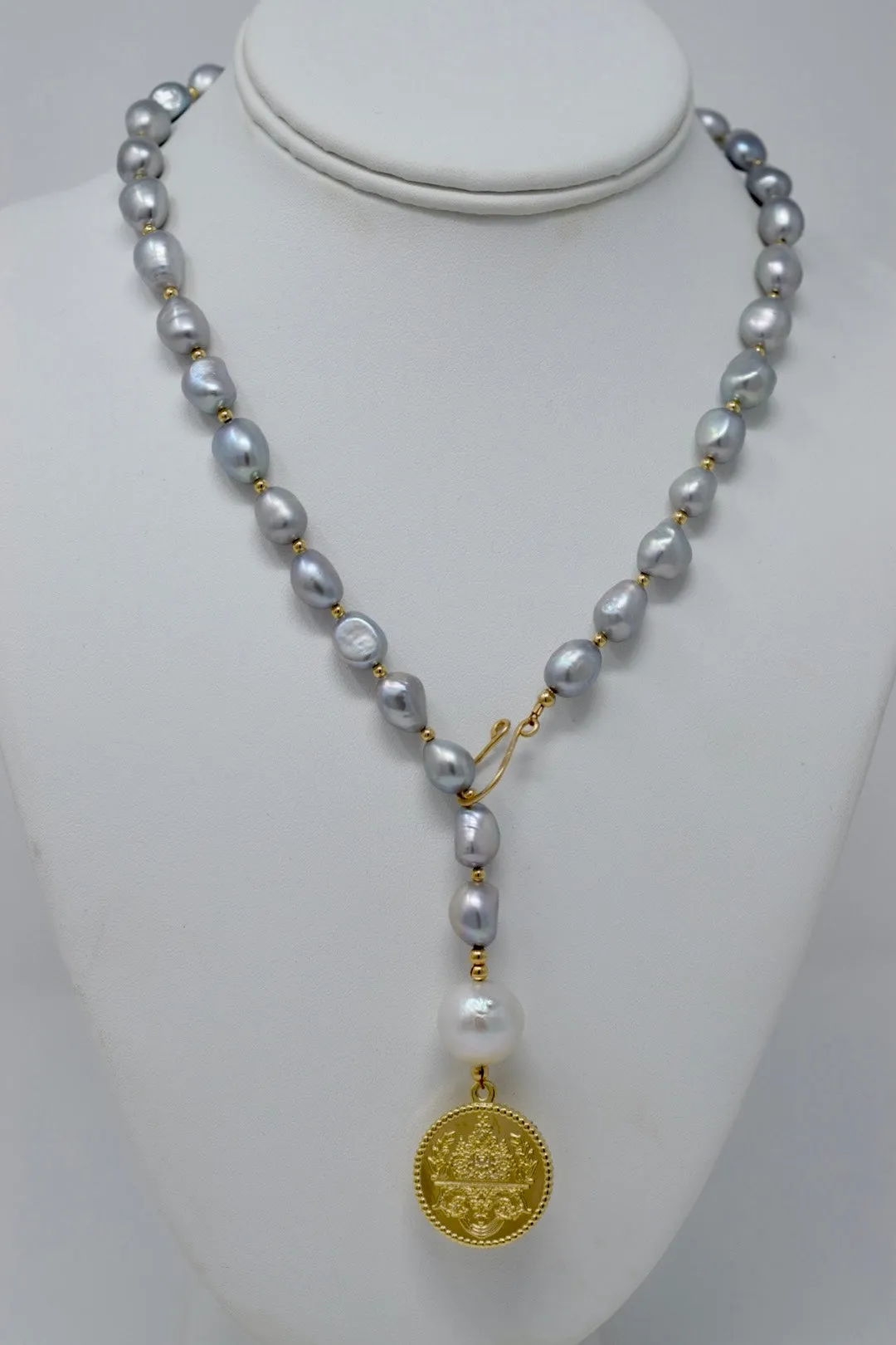 By Grace Necklace - Baroque Pearl Lariat with Gold Coin Pendant