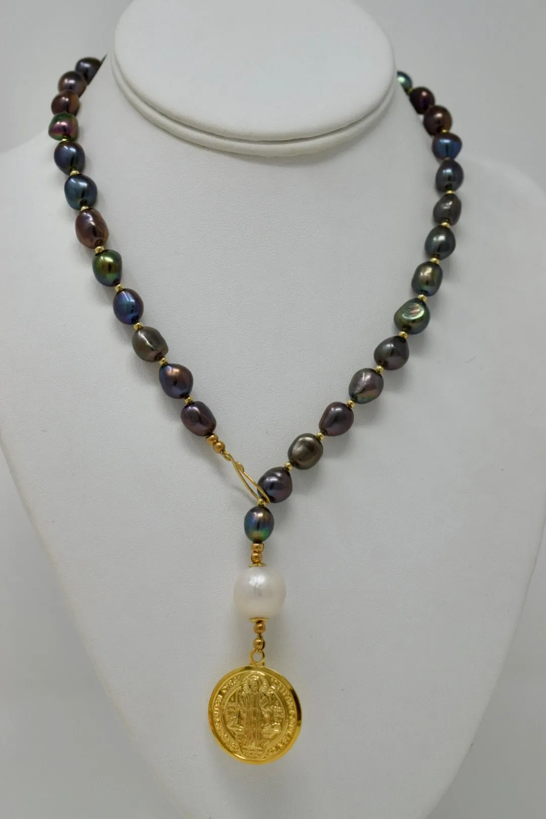 By Grace Necklace - Baroque Pearl Lariat with Gold Coin Pendant