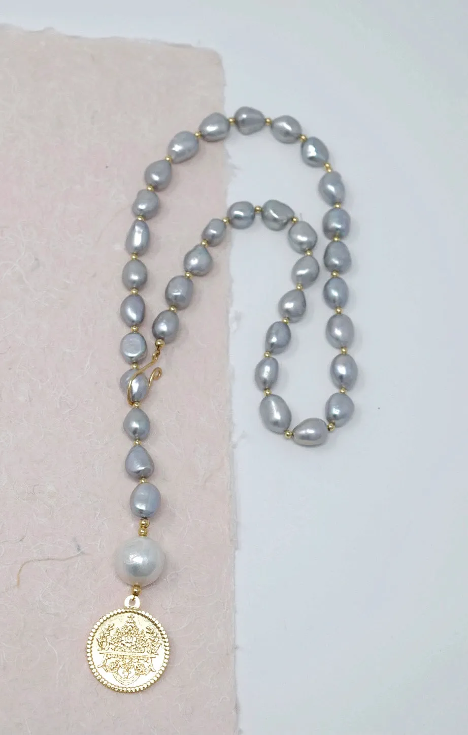 By Grace Necklace - Baroque Pearl Lariat with Gold Coin Pendant