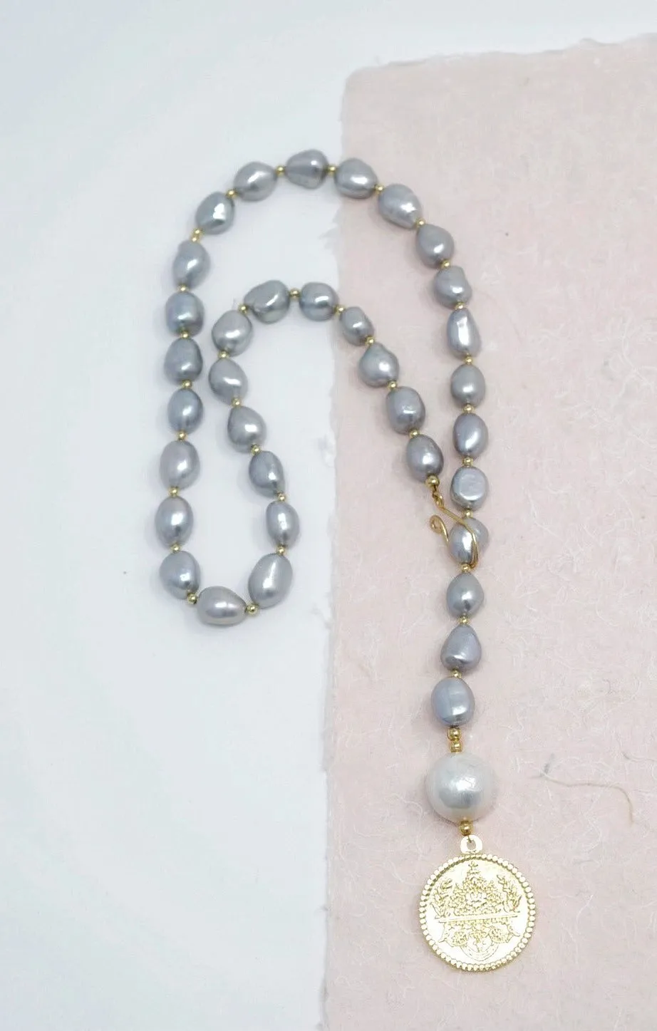 By Grace Necklace - Baroque Pearl Lariat with Gold Coin Pendant