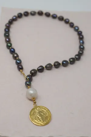 By Grace Necklace - Baroque Pearl Lariat with Gold Coin Pendant