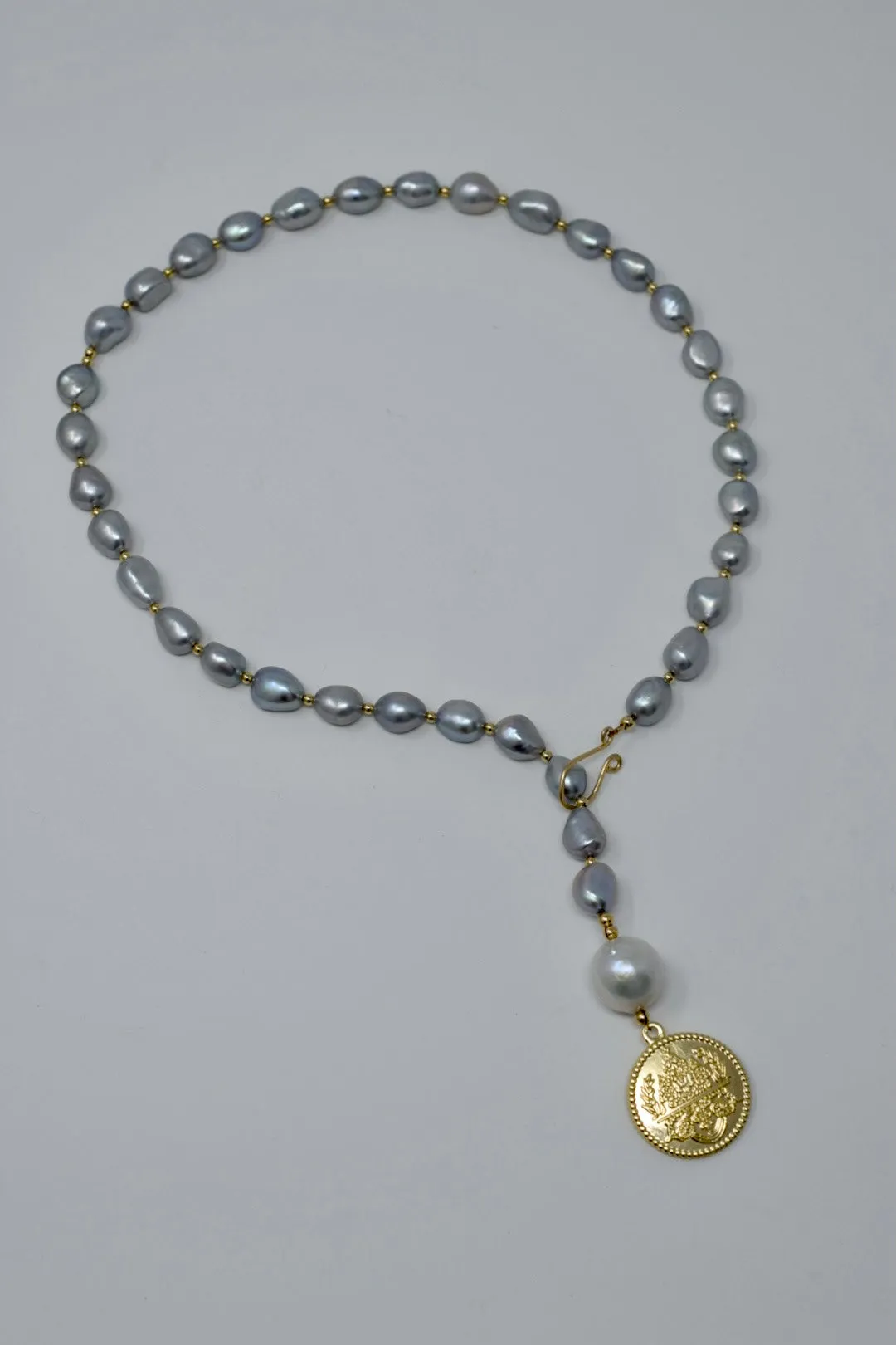By Grace Necklace - Baroque Pearl Lariat with Gold Coin Pendant