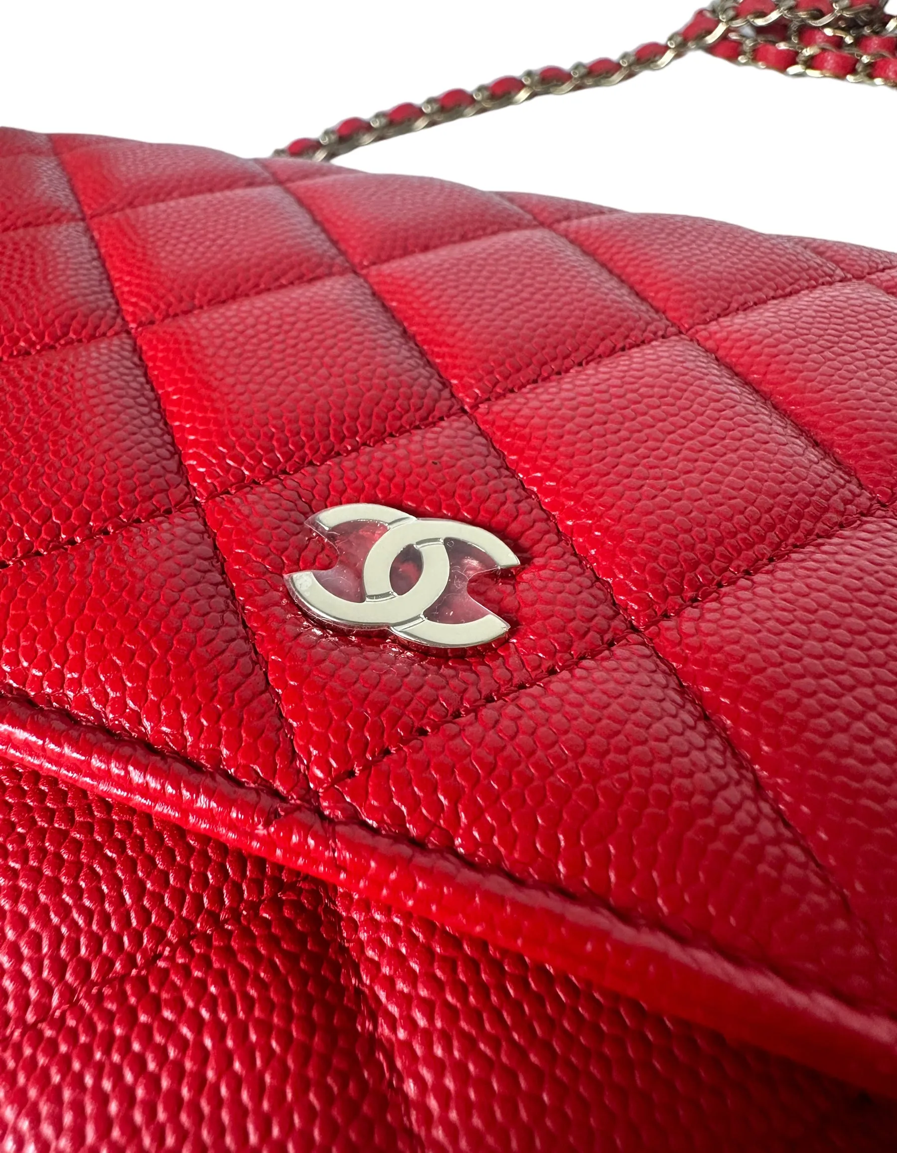 Chanel 2022 NEW Red Quilted Caviar Leather Wallet On Chain WOC Crossbody Bag