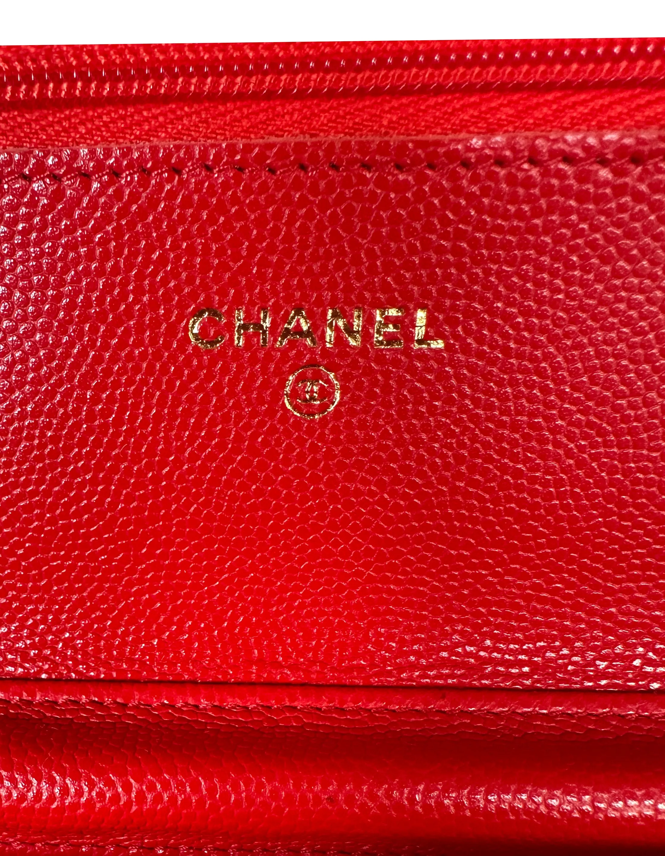 Chanel 2022 NEW Red Quilted Caviar Leather Wallet On Chain WOC Crossbody Bag