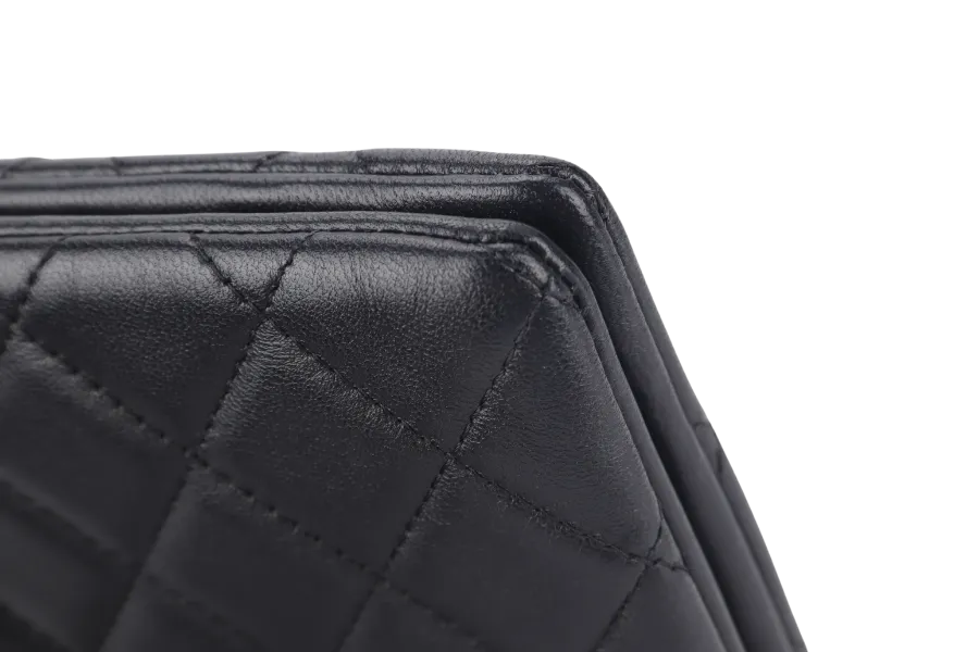 CHANEL BLACK LAMBSKIN QUILTED CLUTCH (2638xxxx) SILVER HARDWARE WITH DUST COVER AND BOX