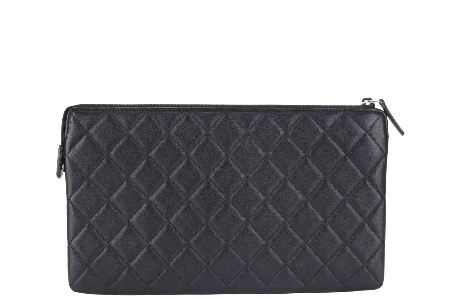 CHANEL BLACK LAMBSKIN QUILTED CLUTCH (2638xxxx) SILVER HARDWARE WITH DUST COVER AND BOX