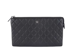 CHANEL BLACK LAMBSKIN QUILTED CLUTCH (2638xxxx) SILVER HARDWARE WITH DUST COVER AND BOX