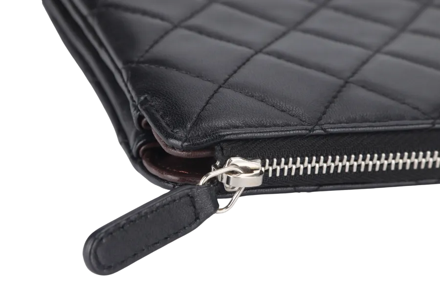 CHANEL BLACK LAMBSKIN QUILTED CLUTCH (2638xxxx) SILVER HARDWARE WITH DUST COVER AND BOX