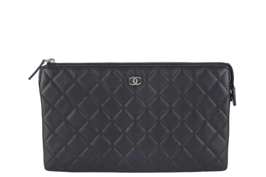 CHANEL BLACK LAMBSKIN QUILTED CLUTCH (2638xxxx) SILVER HARDWARE WITH DUST COVER AND BOX