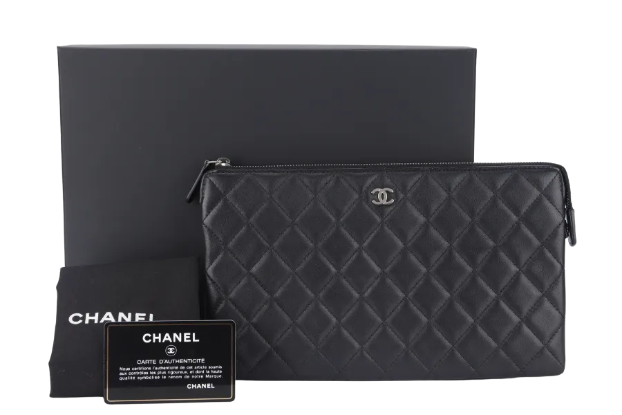 CHANEL BLACK LAMBSKIN QUILTED CLUTCH (2638xxxx) SILVER HARDWARE WITH DUST COVER AND BOX
