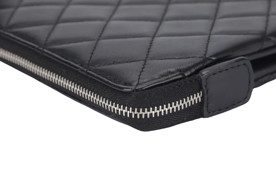 CHANEL BLACK LAMBSKIN QUILTED CLUTCH (2638xxxx) SILVER HARDWARE WITH DUST COVER AND BOX