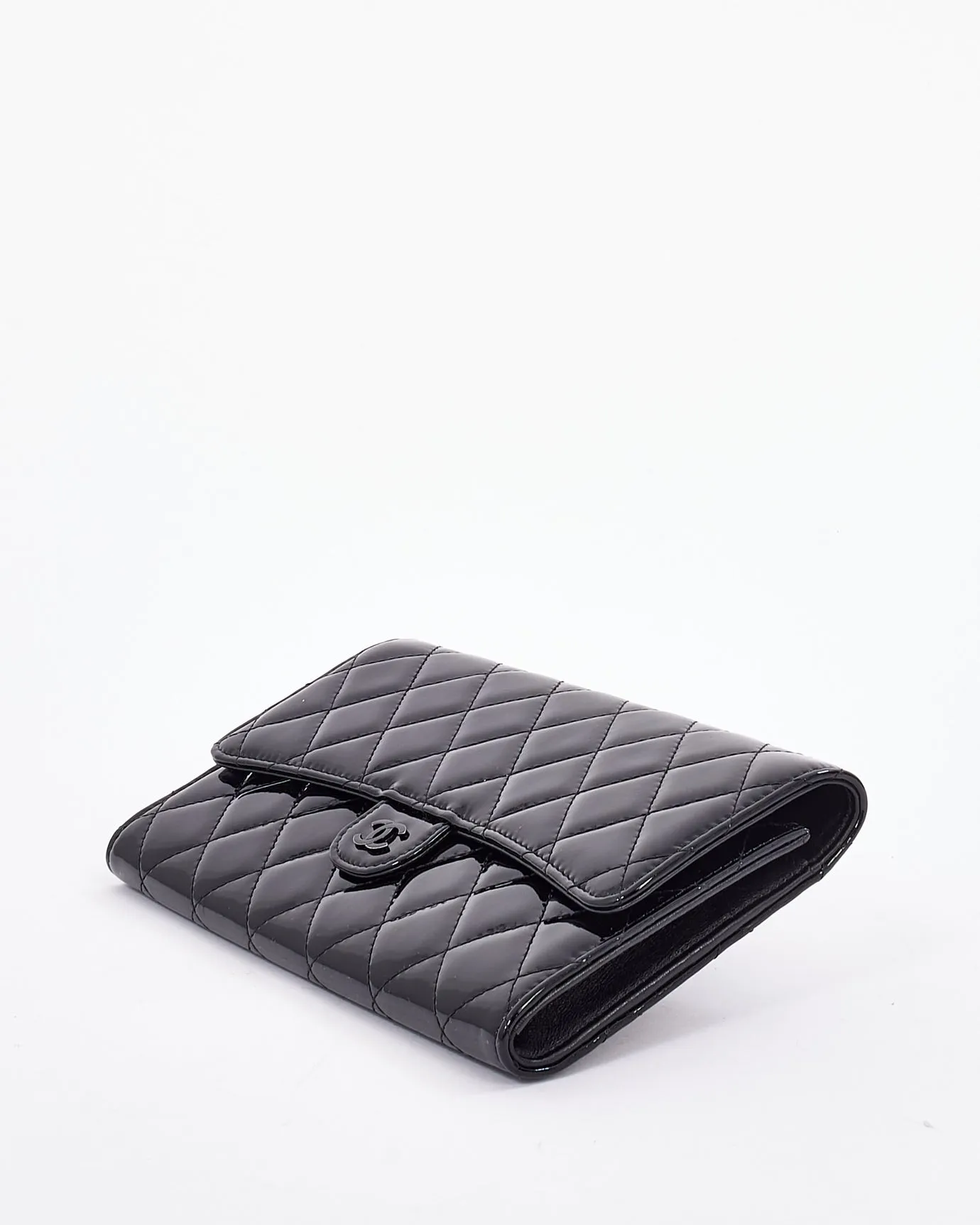 Chanel Black Patent Quilted Black On Black Clutch
