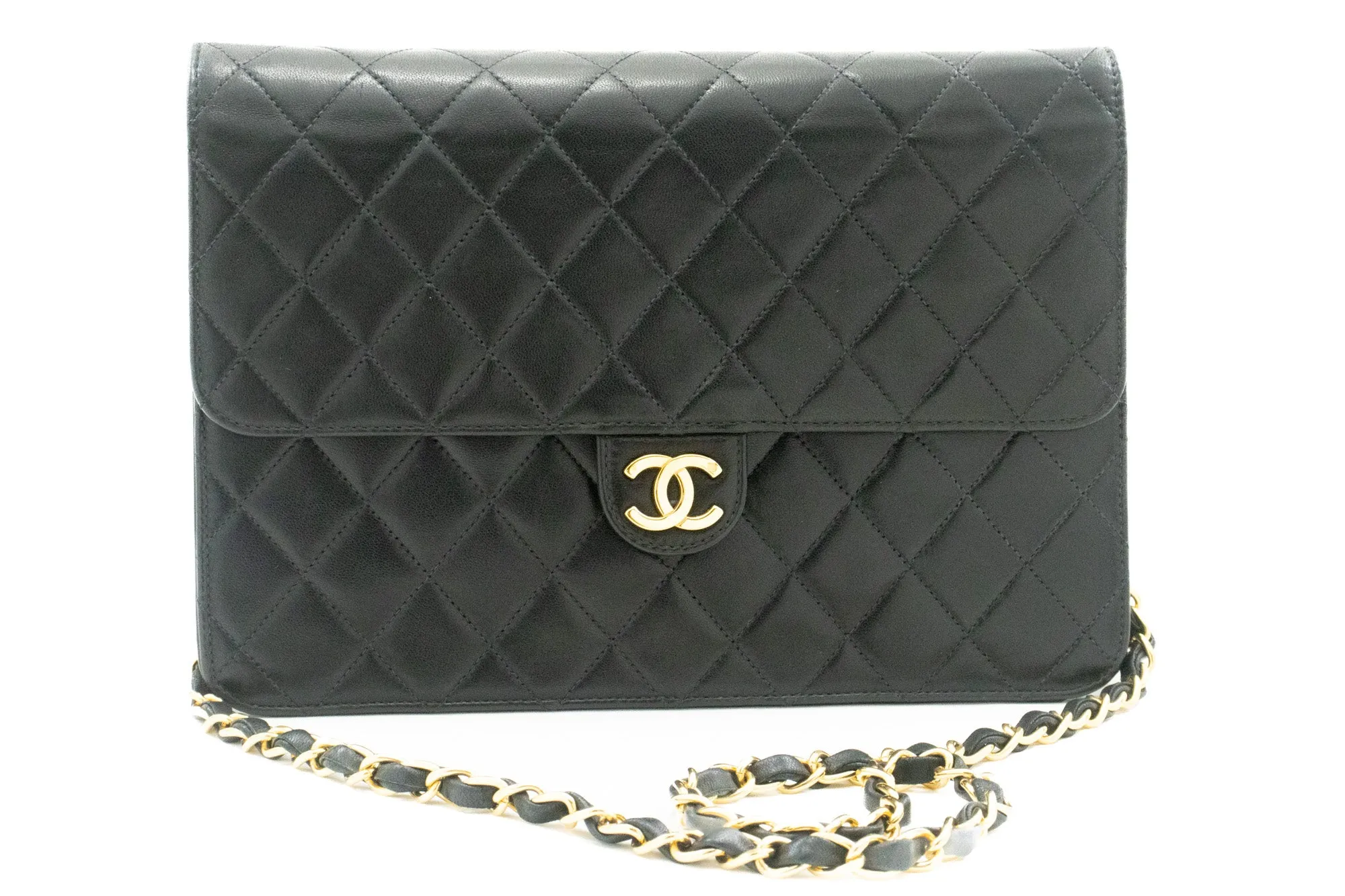 CHANEL Chain Shoulder Bag Clutch Black Quilted Flap Lambskin Purse k11