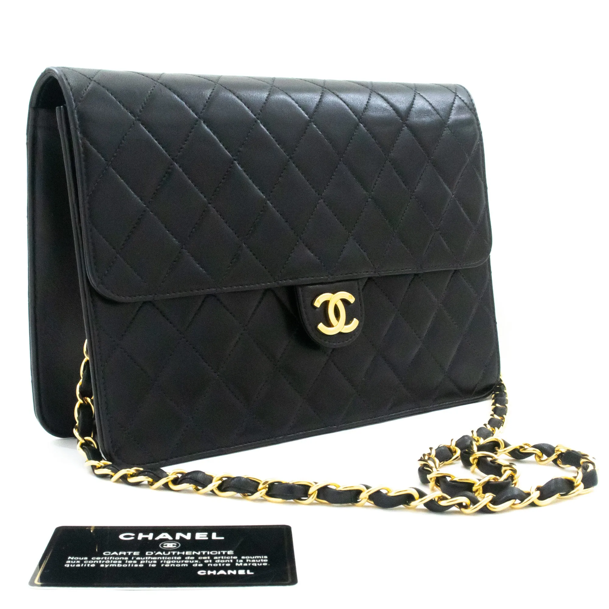CHANEL Chain Shoulder Bag Clutch Black Quilted Flap Lambskin Purse k11