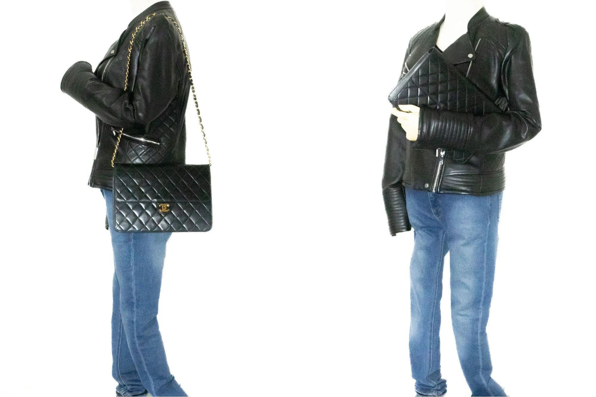 CHANEL Chain Shoulder Bag Clutch Black Quilted Flap Lambskin Purse k11