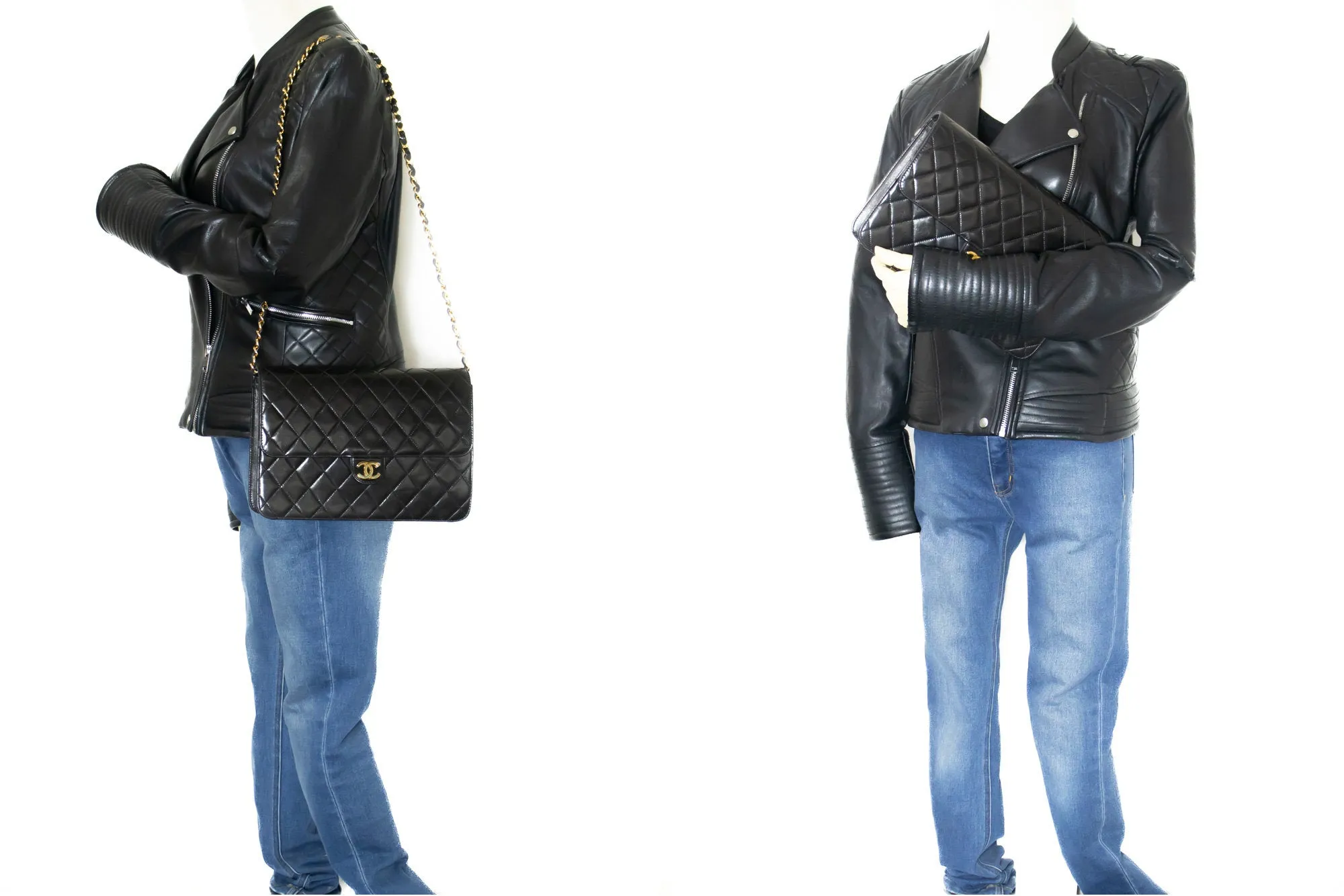 CHANEL Chain Shoulder Bag Clutch Black Quilted Flap Lambskin Purse k36