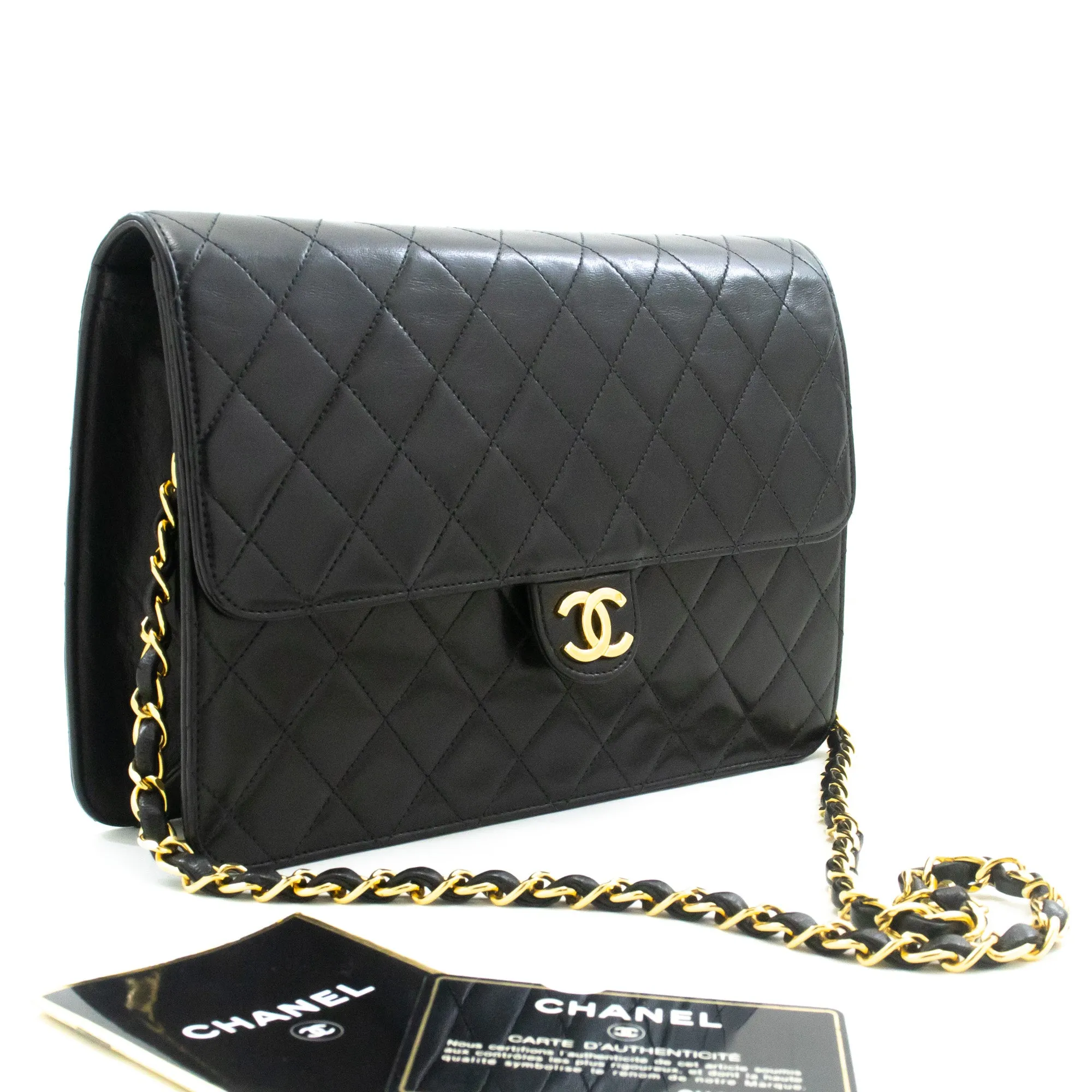 CHANEL Chain Shoulder Bag Clutch Black Quilted Flap Lambskin Purse m23