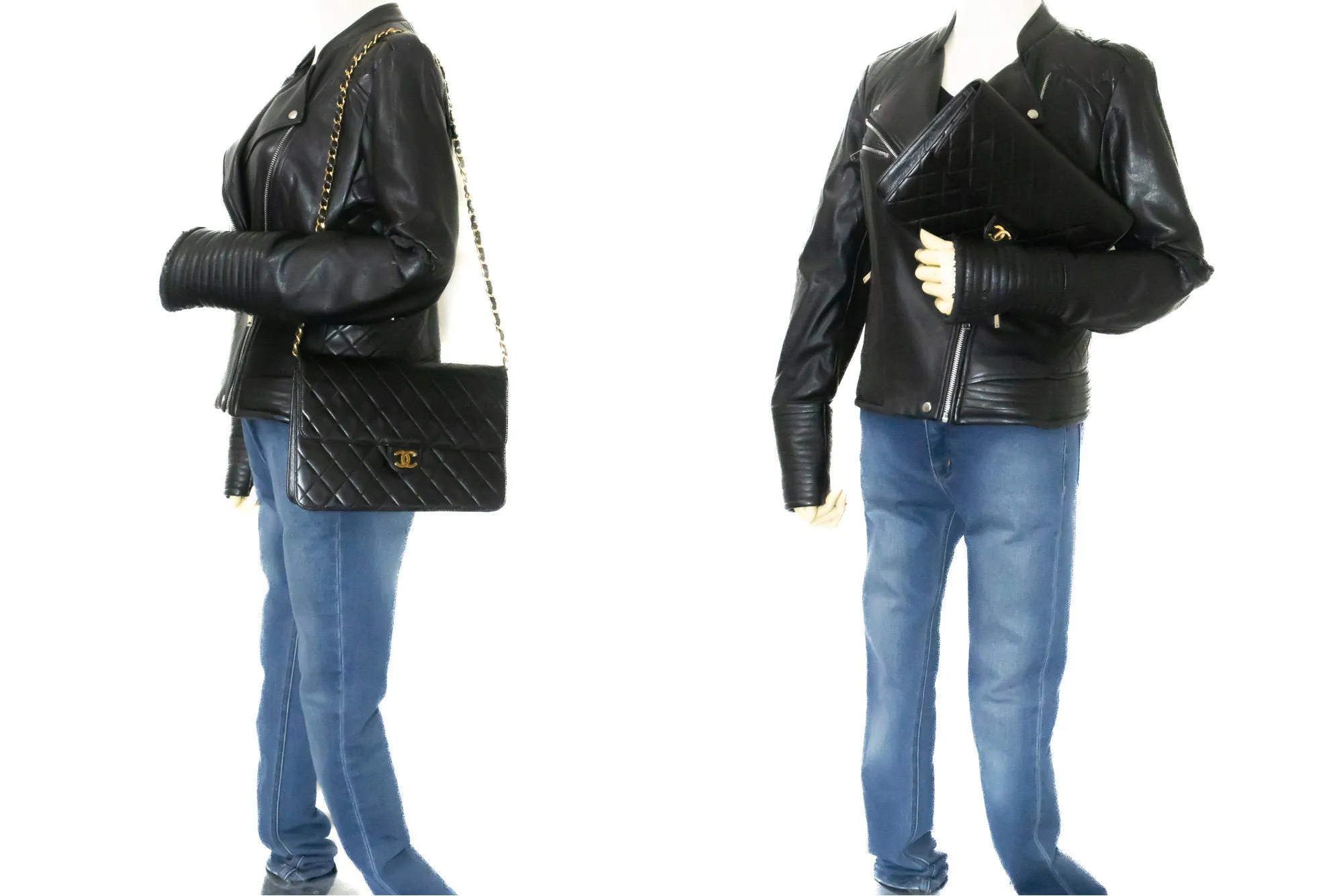 CHANEL Chain Shoulder Bag Clutch Black Quilted Flap Lambskin Purse n32
