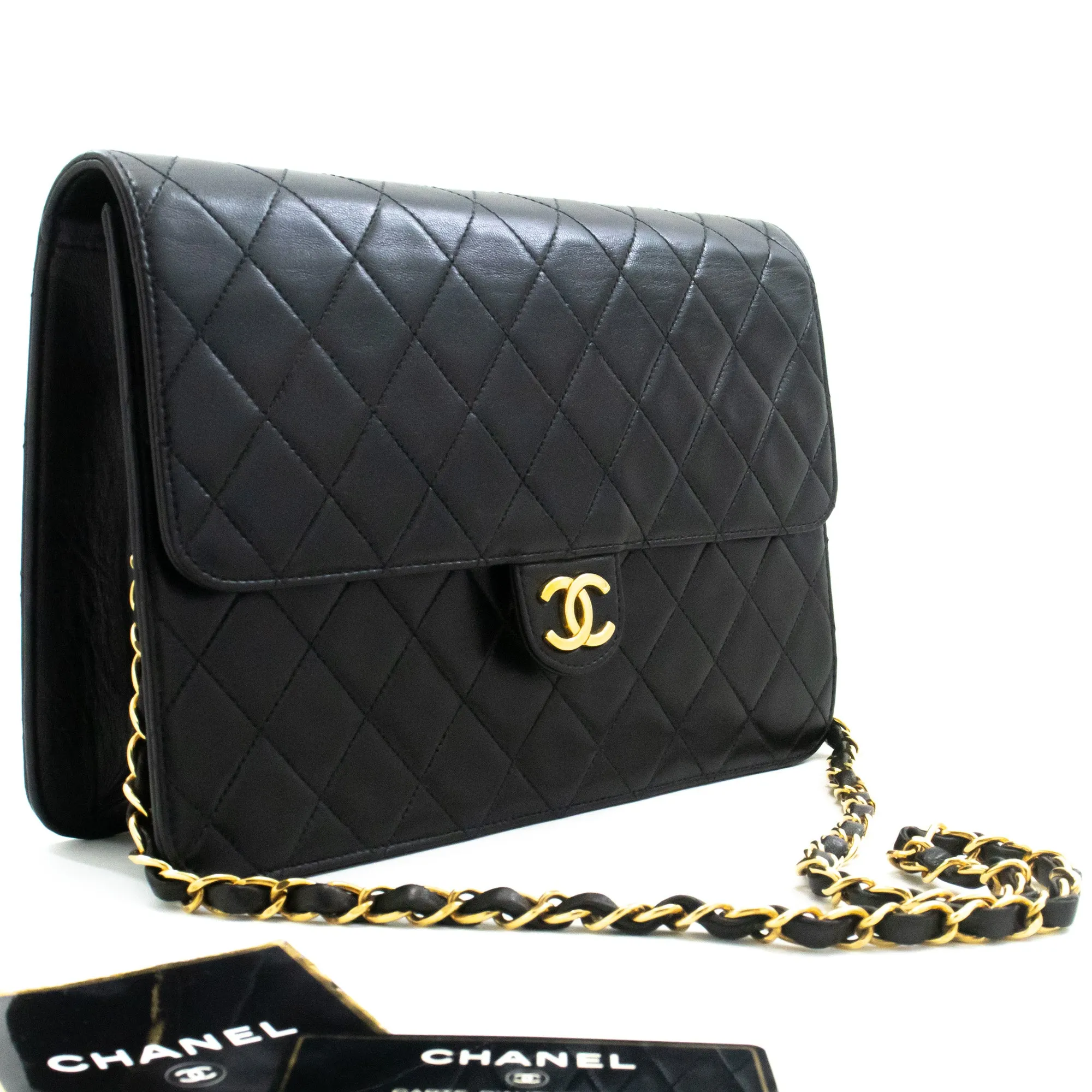 CHANEL Chain Shoulder Bag Clutch Black Quilted Flap Lambskin Purse n32