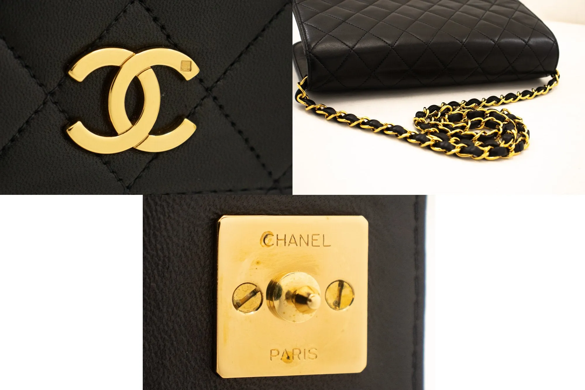 CHANEL Full Flap Chain Shoulder Bag Clutch Black Quilted Lambskin L45