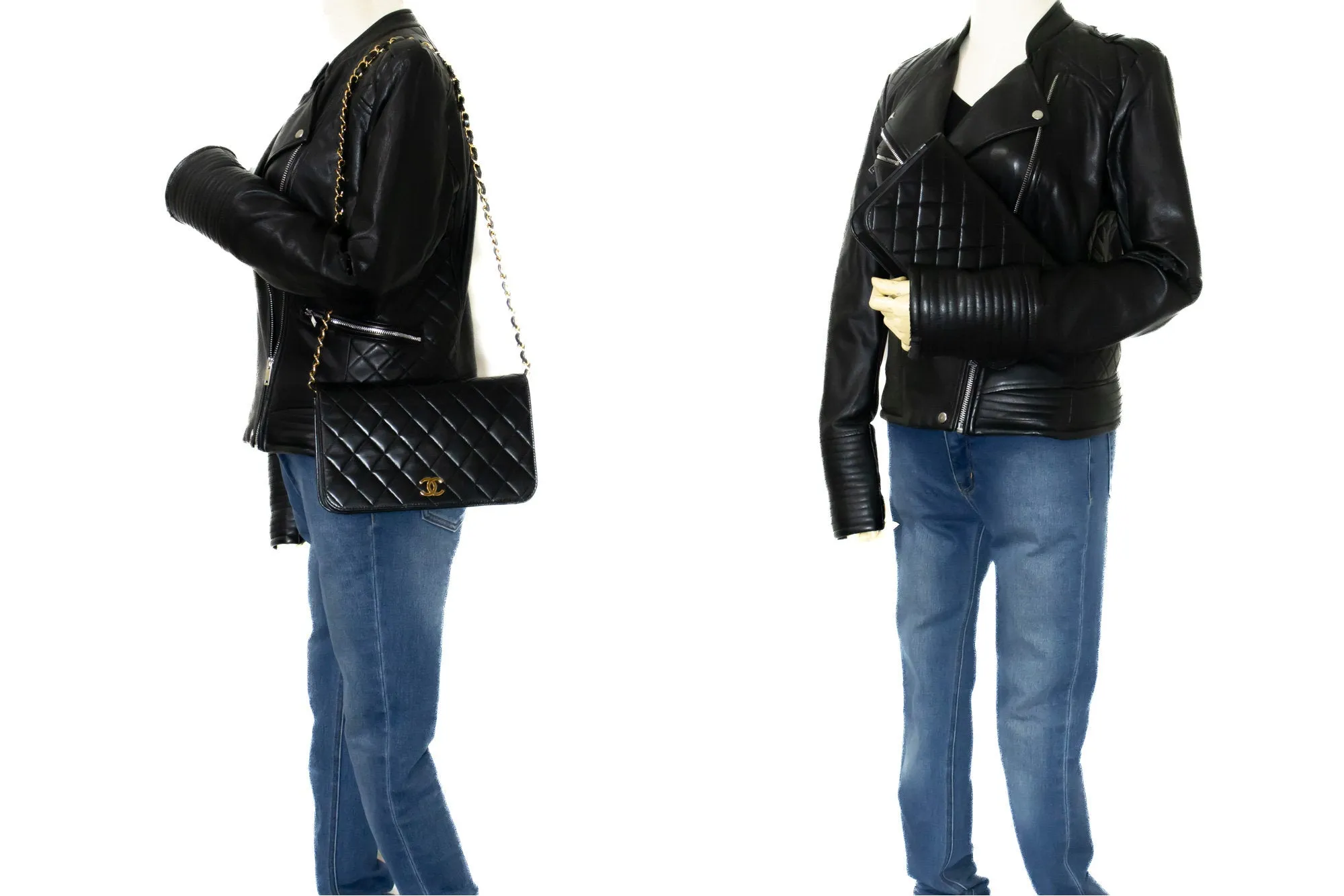 CHANEL Full Flap Chain Shoulder Bag Clutch Black Quilted Lambskin L45