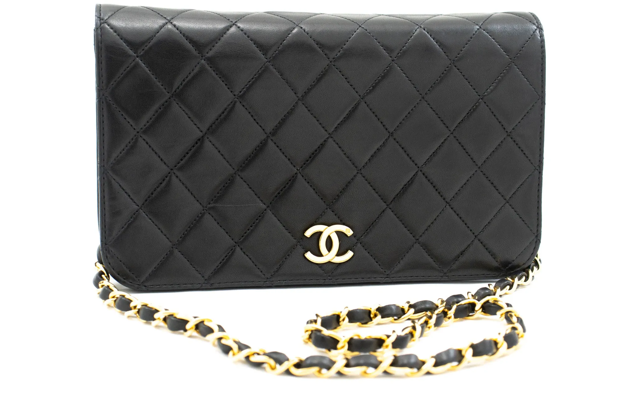 CHANEL Full Flap Chain Shoulder Bag Clutch Black Quilted Lambskin L45