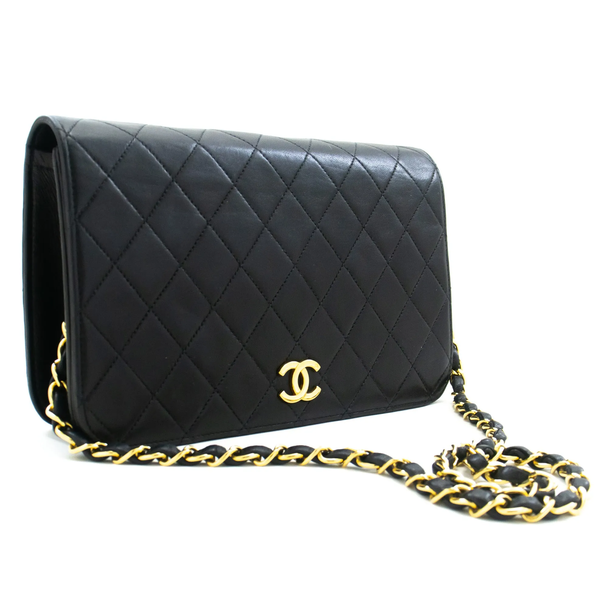 CHANEL Full Flap Chain Shoulder Bag Clutch Black Quilted Lambskin m06