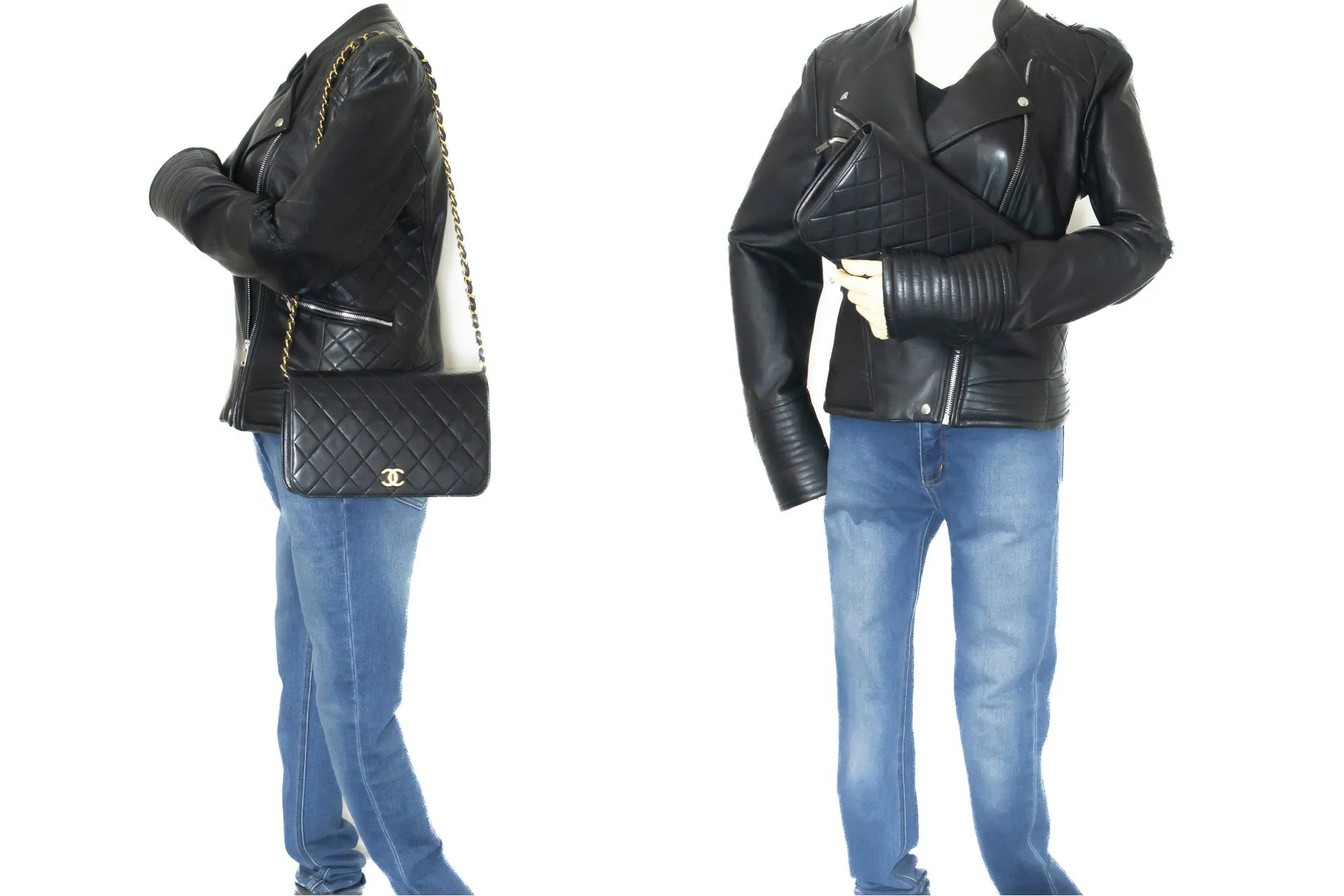 CHANEL Full Flap Chain Shoulder Bag Clutch Black Quilted Lambskin m06