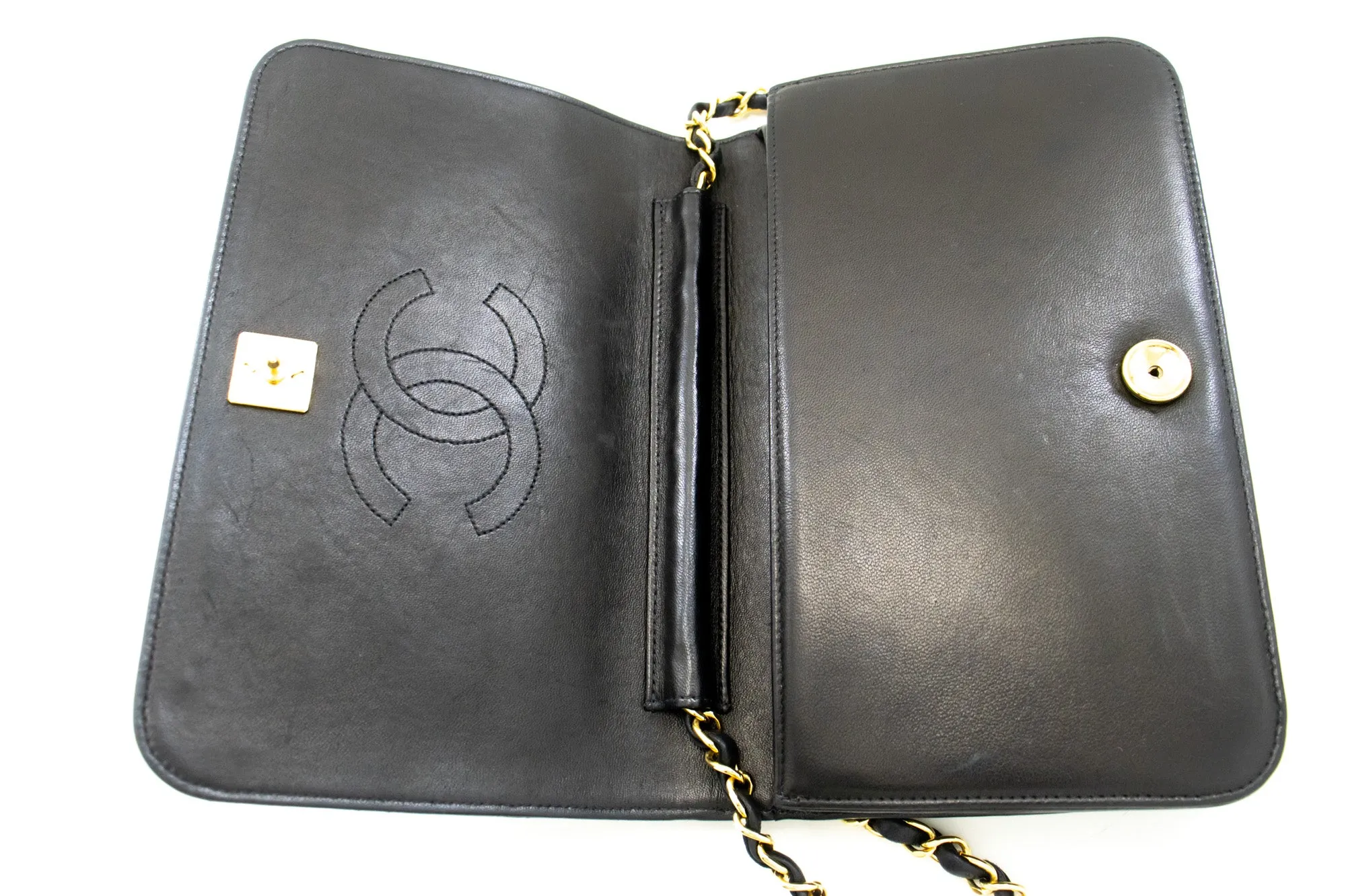CHANEL Full Flap Chain Shoulder Bag Clutch Black Quilted Lambskin m06
