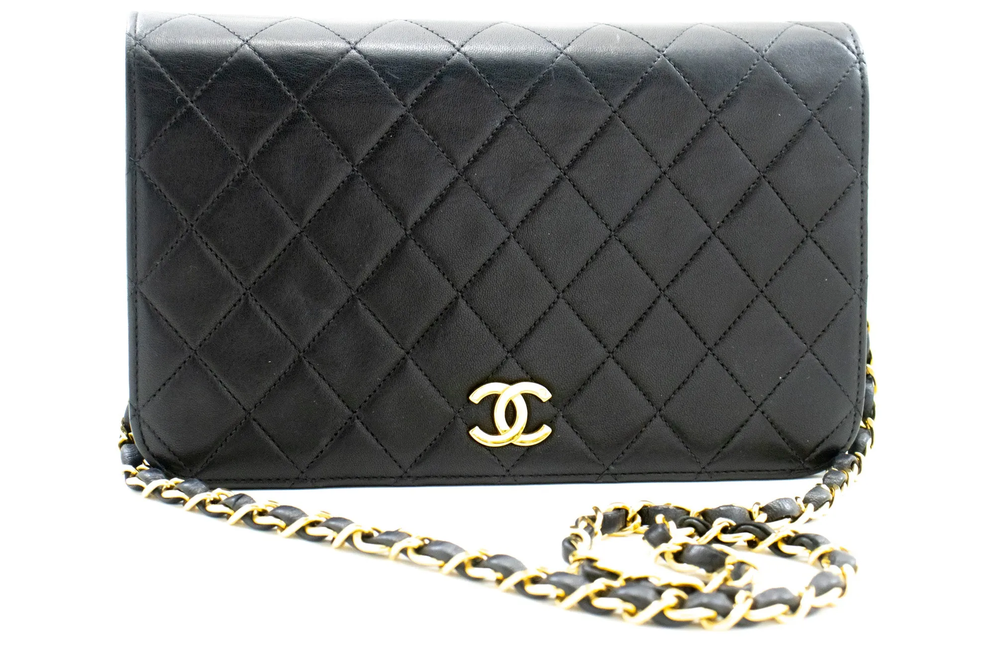 CHANEL Full Flap Chain Shoulder Bag Clutch Black Quilted Lambskin m06