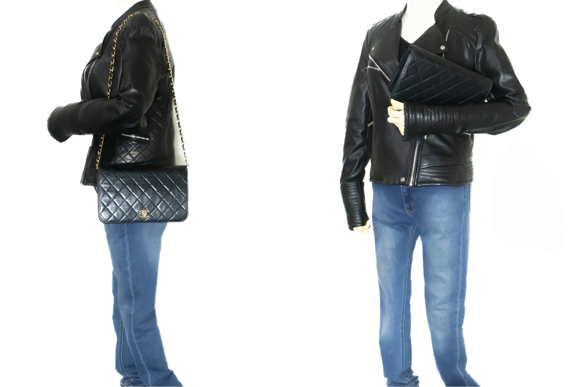 CHANEL Full Flap Chain Shoulder Bag Clutch Black Quilted Lambskin m62