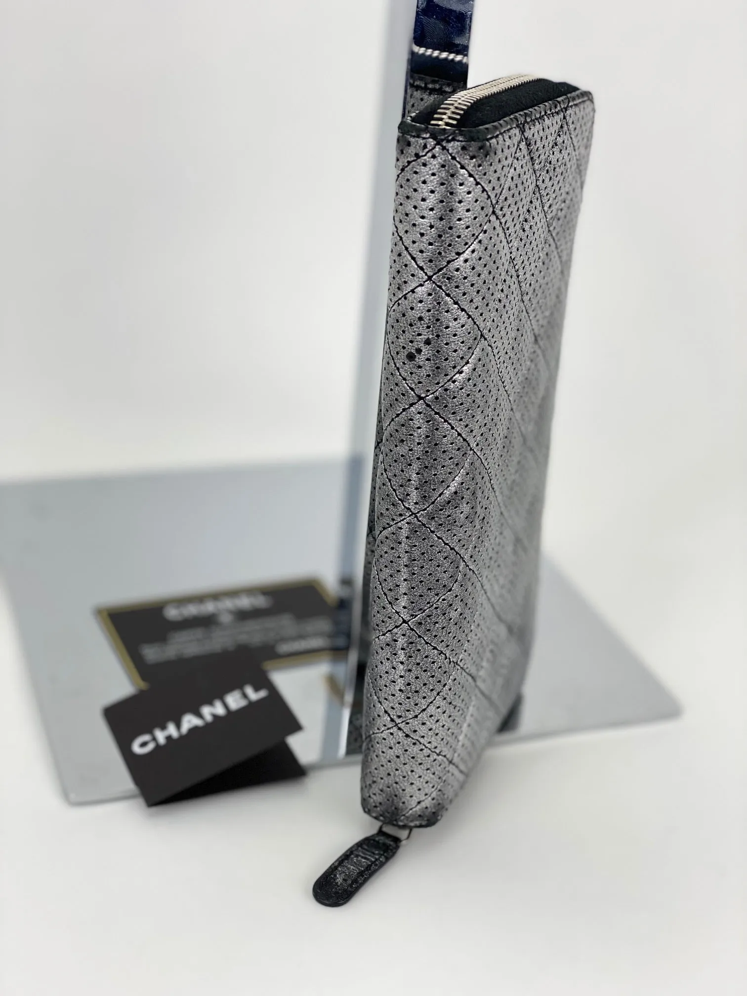 Chanel Perforated Silver Metallic Lambskin Quilted Zip Around Wallet Clutch