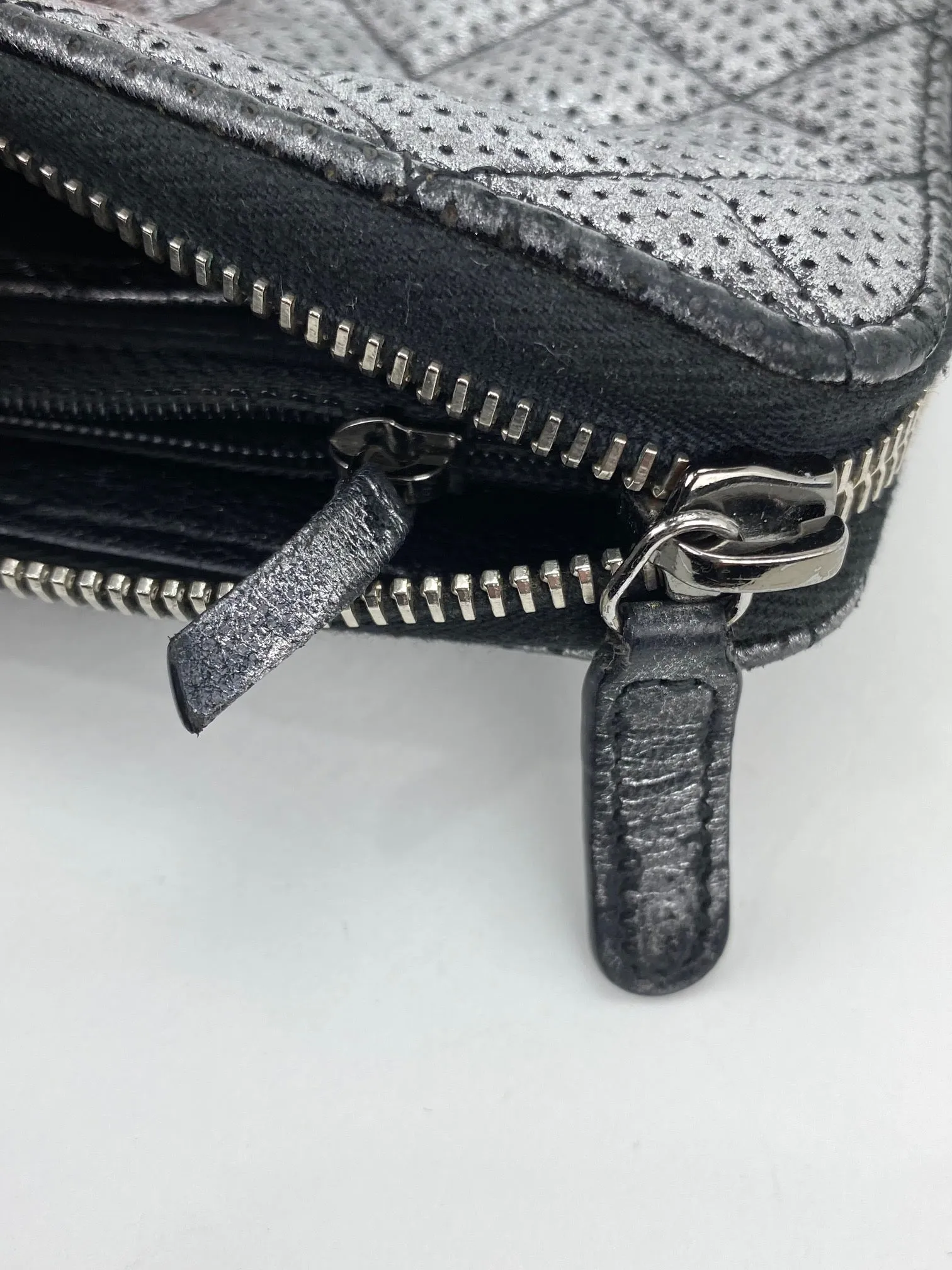 Chanel Perforated Silver Metallic Lambskin Quilted Zip Around Wallet Clutch