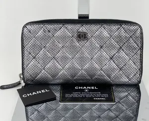 Chanel Perforated Silver Metallic Lambskin Quilted Zip Around Wallet Clutch