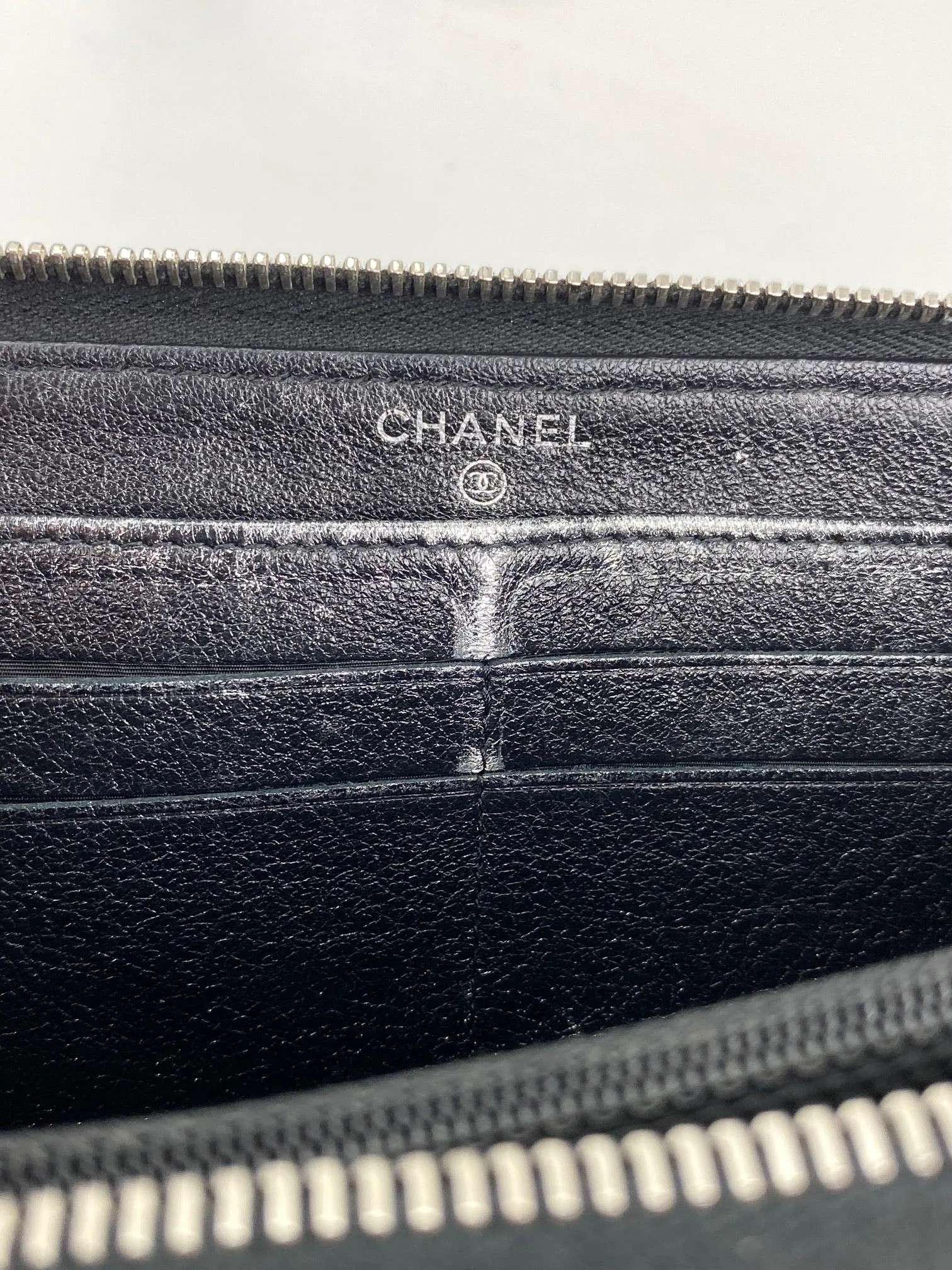 Chanel Perforated Silver Metallic Lambskin Quilted Zip Around Wallet Clutch