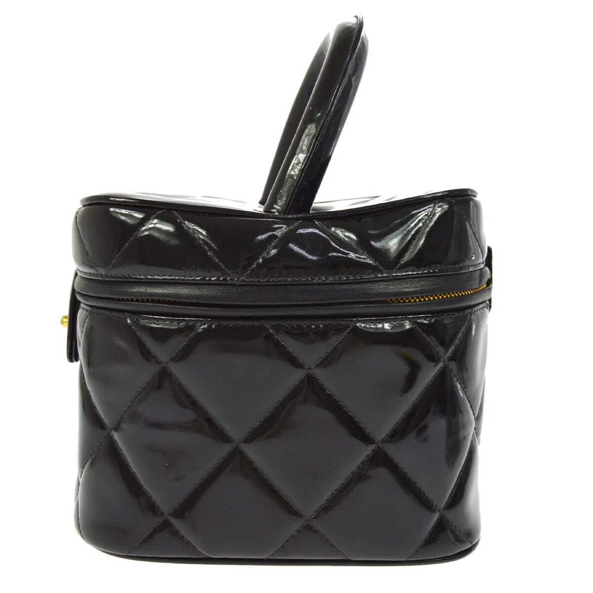 CHANEL Quilted CC Cosmetic Hand Bag Vanity Black Patent Leather AK17189i