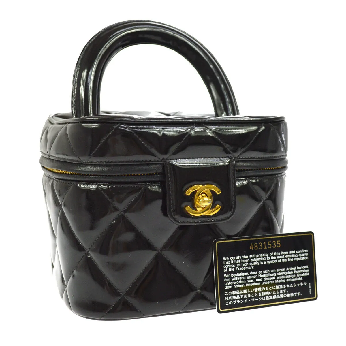 CHANEL Quilted CC Cosmetic Hand Bag Vanity Black Patent Leather AK17189i