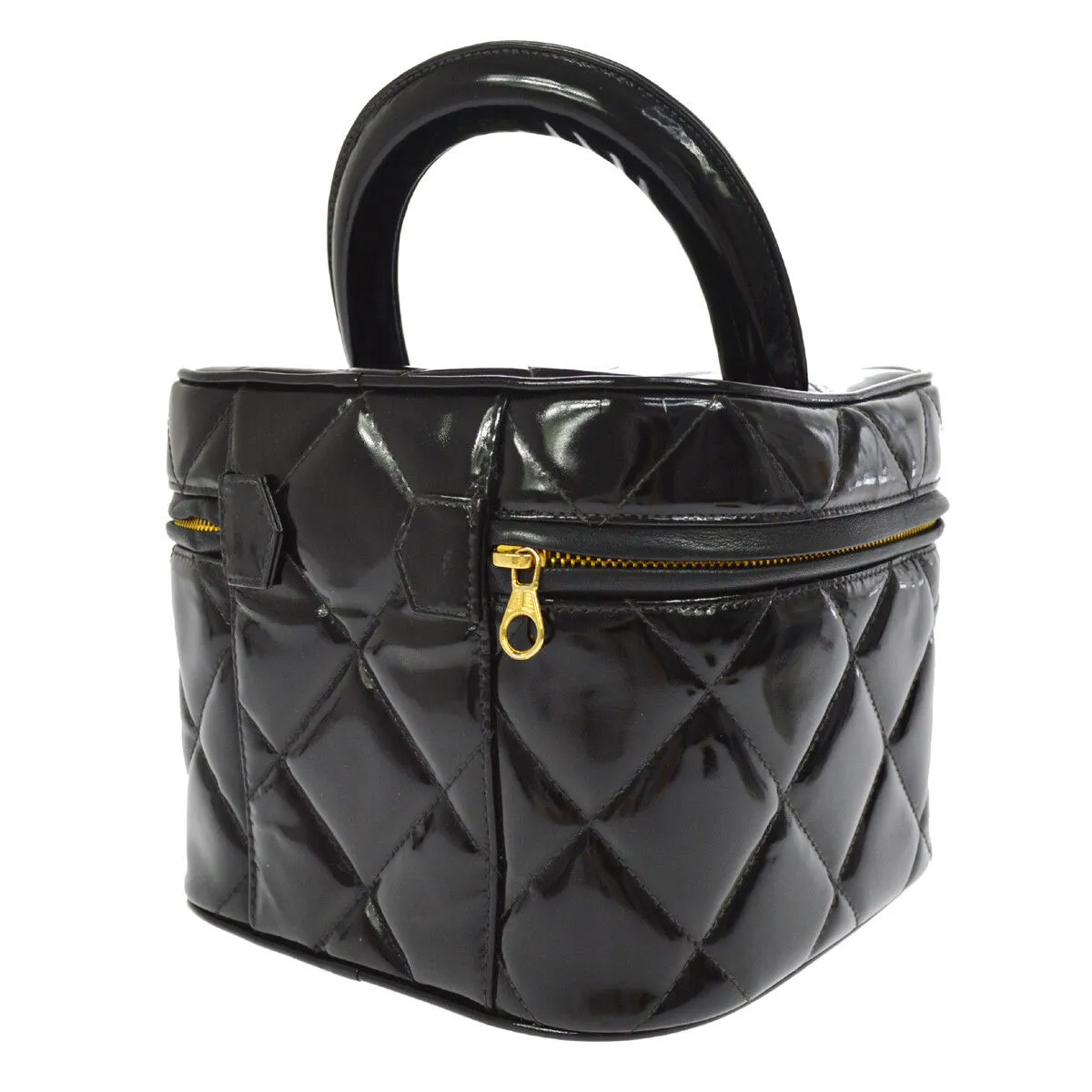 CHANEL Quilted CC Cosmetic Hand Bag Vanity Black Patent Leather AK17189i
