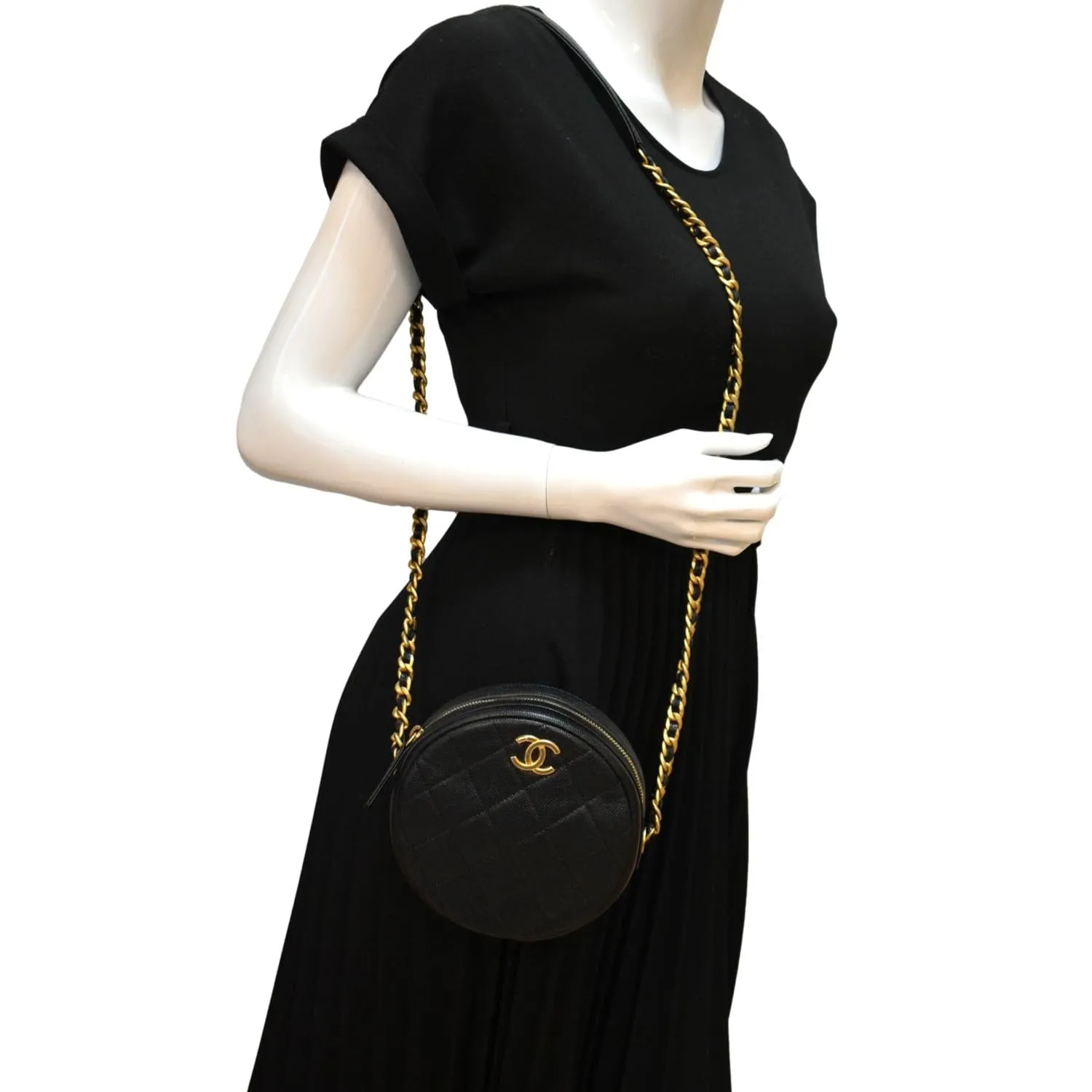 CHANEL Round Quilted Caviar Leather Clutch Crossbody Bag Black