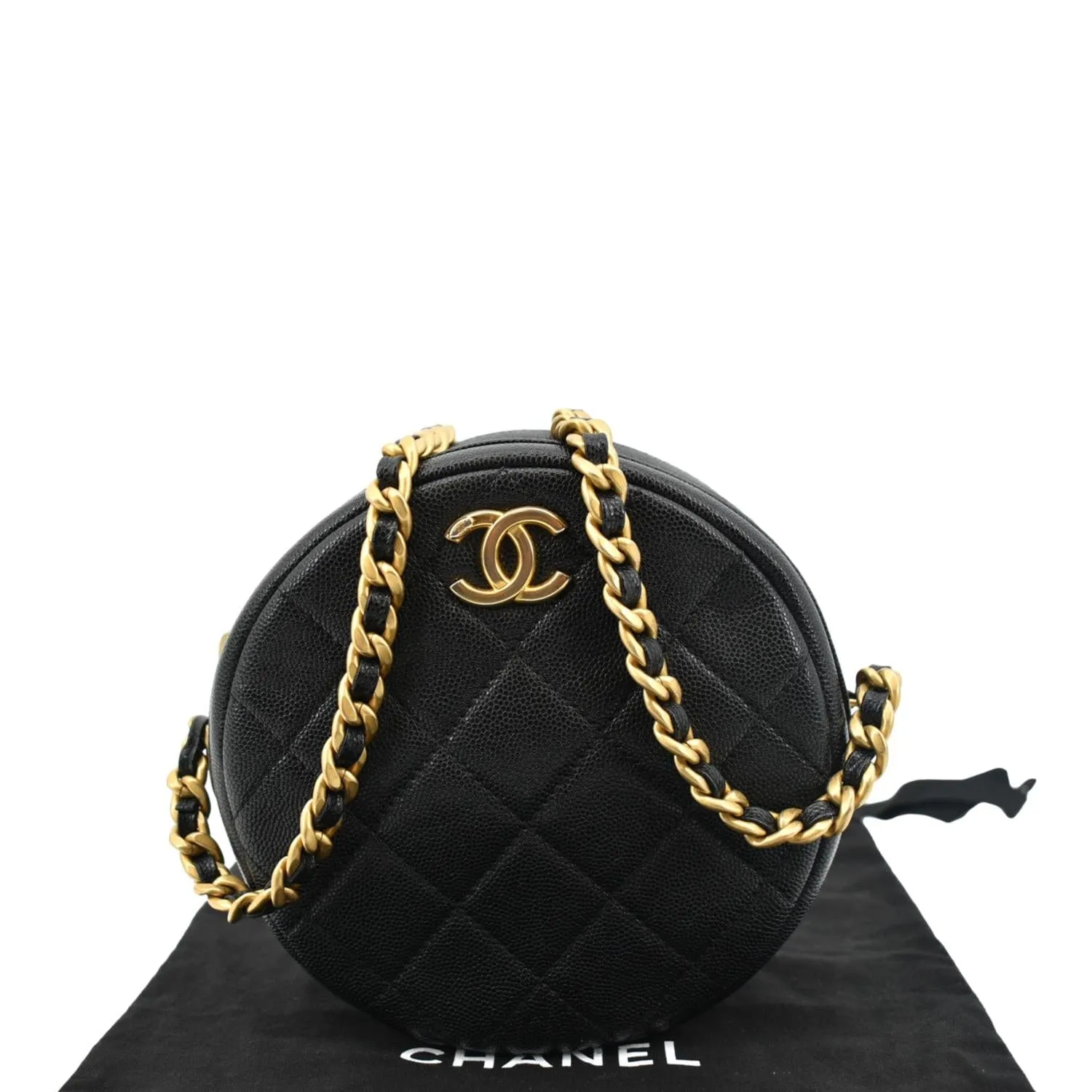 CHANEL Round Quilted Caviar Leather Clutch Crossbody Bag Black