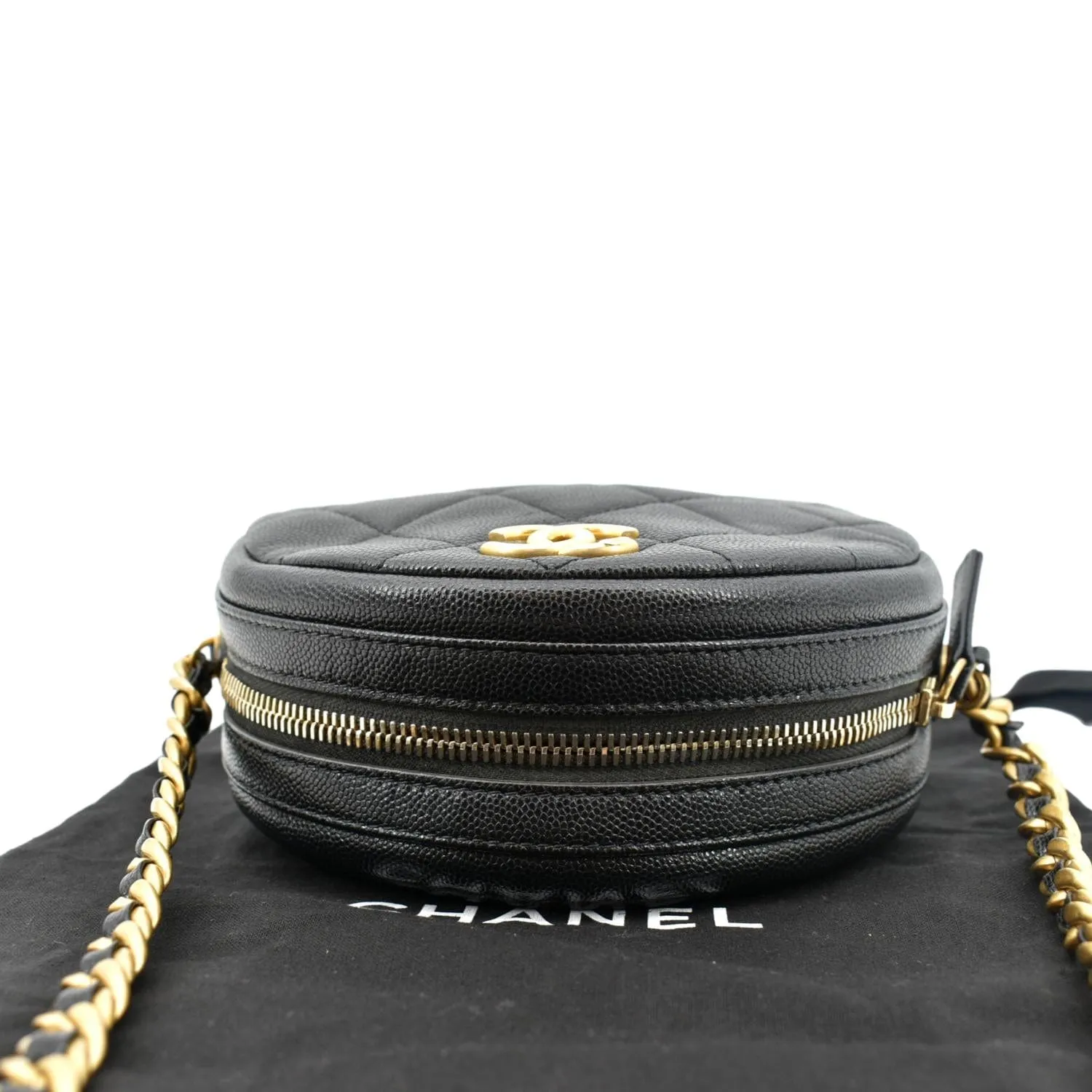 CHANEL Round Quilted Caviar Leather Clutch Crossbody Bag Black