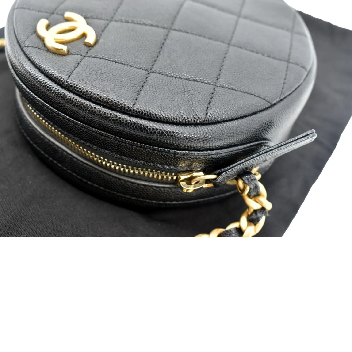 CHANEL Round Quilted Caviar Leather Clutch Crossbody Bag Black